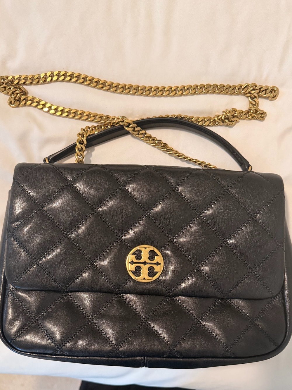 Tory Burch Black Quilted Leather Shoulder Bag with Gold Chain